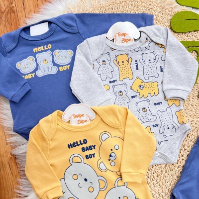  Kit 6 Peças - Hello Baby Boy - Azul Jeans, Mescla e Mostarda